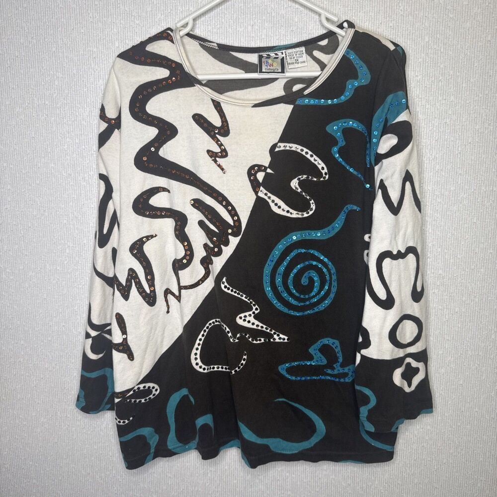 Take Two Wearable Art Shirt Womens XL Tan Embellished Doodle Graphic Top Y2K